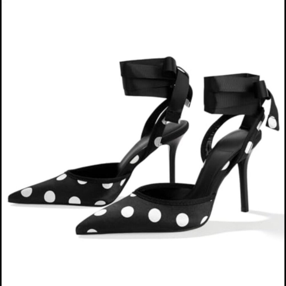 Polka Dot Satin Pointed Toe Pumps with Lace-Up Stiletto Heel Evening Wedding